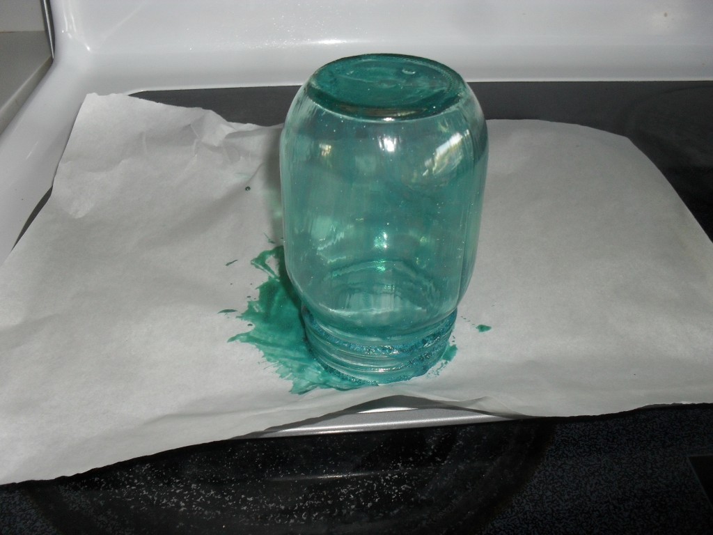 Baked mason jar with modge podge and food coloring
