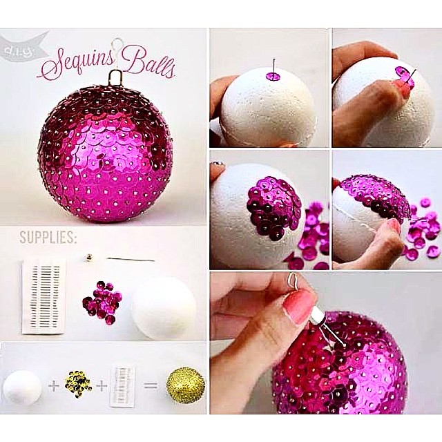 Make your own Sequin Balls Ornaments using a styrofoam ball, pins, and sequins