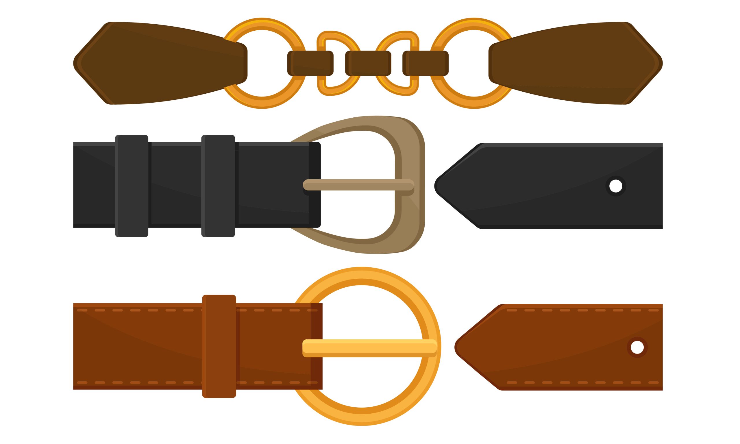 Leather Belts with Metal Steel Buckles Collection, Garments Fashion Accessories Vector Illustration