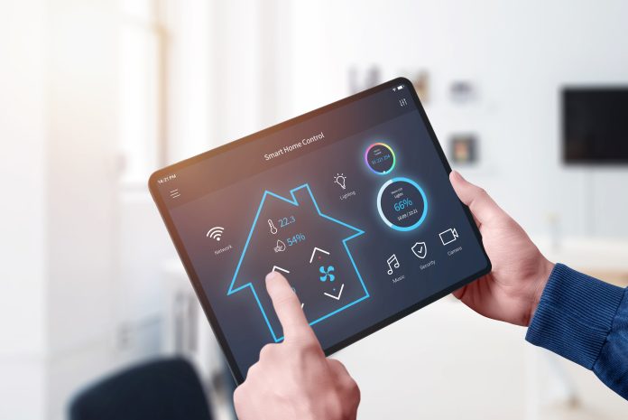 All in one smart home control system app concept on tablet displ