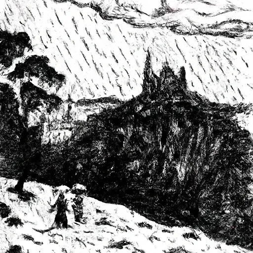 A rough artistic sketch of Tasmania with people standing at the bottom of a hill in rain.